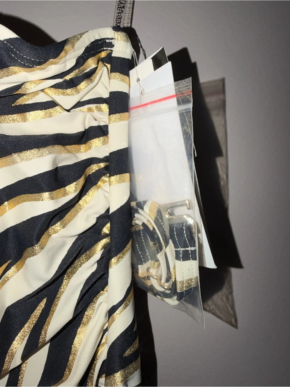 Michael Kors Black, White & Gold Zebra Stripe One-Shoulder Swimsuit - Picture 5 of 9